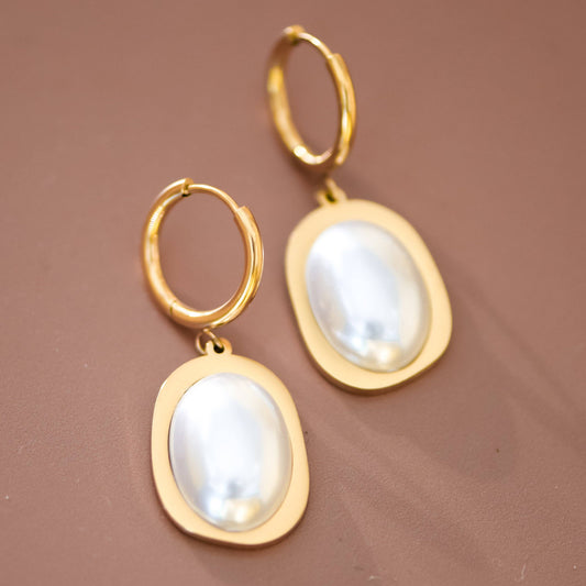 Pearl and 18K Gold Plated Stainless Steel Drop Earrings - 7586