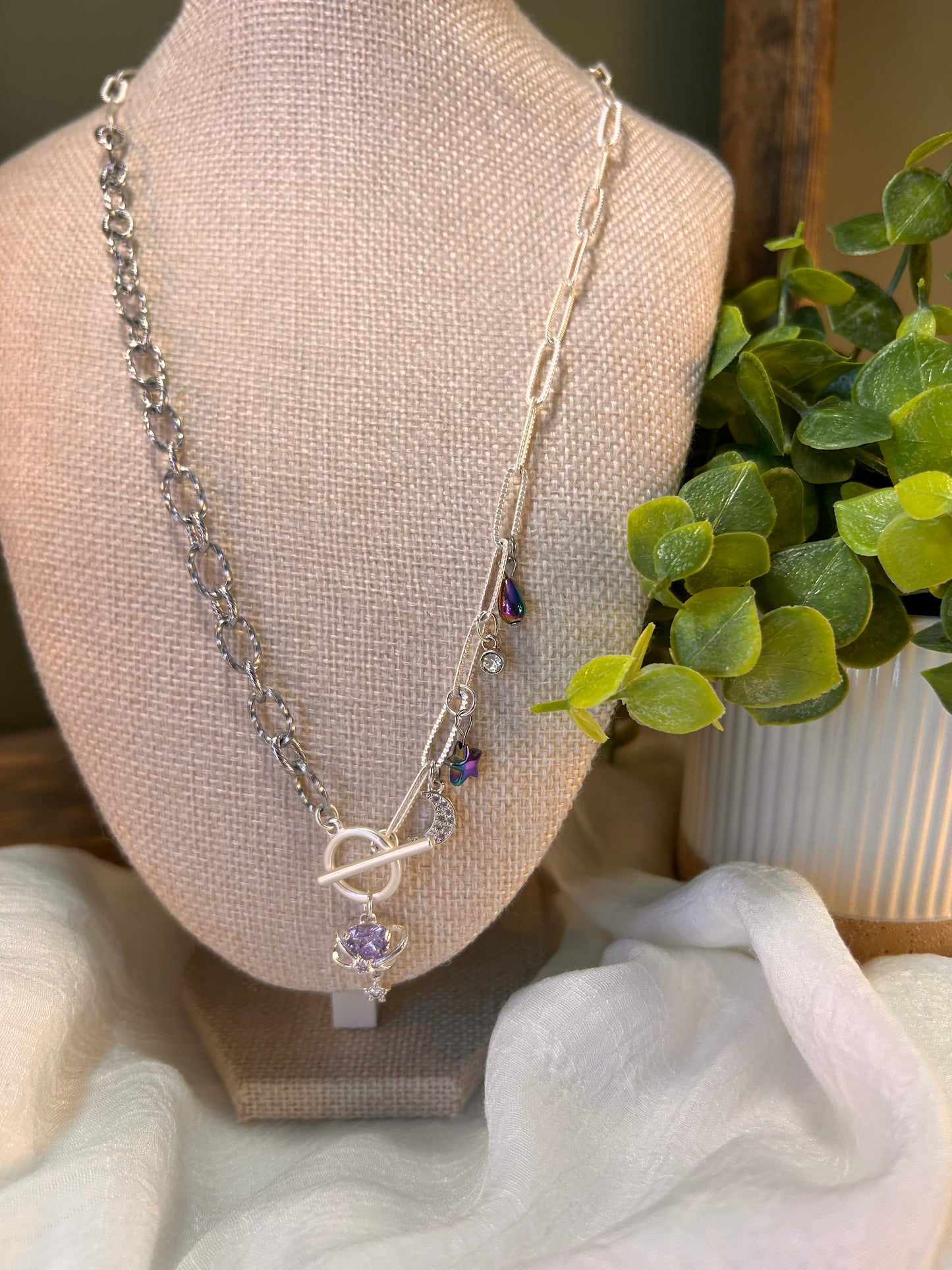 Necklace Mixed Chain Stainless Steel with Toggle Clasp 5 Charms