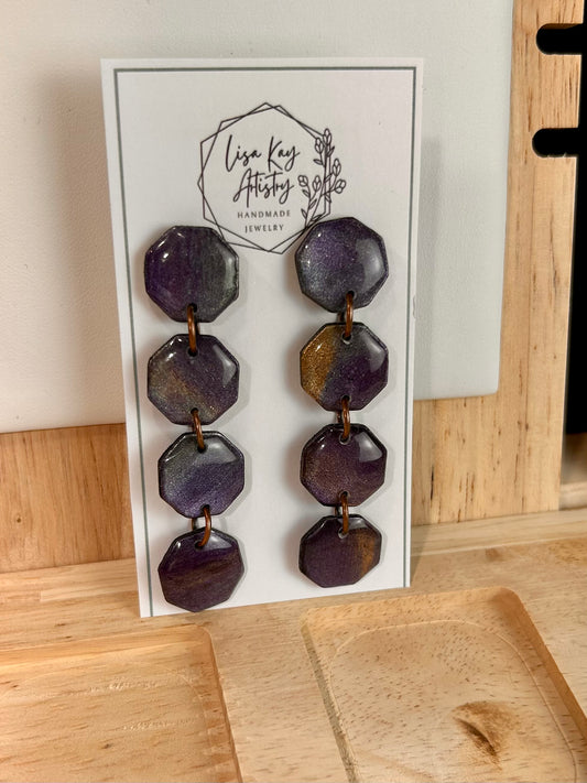 Rounded Octagon Deep Purple Dangle Earrings