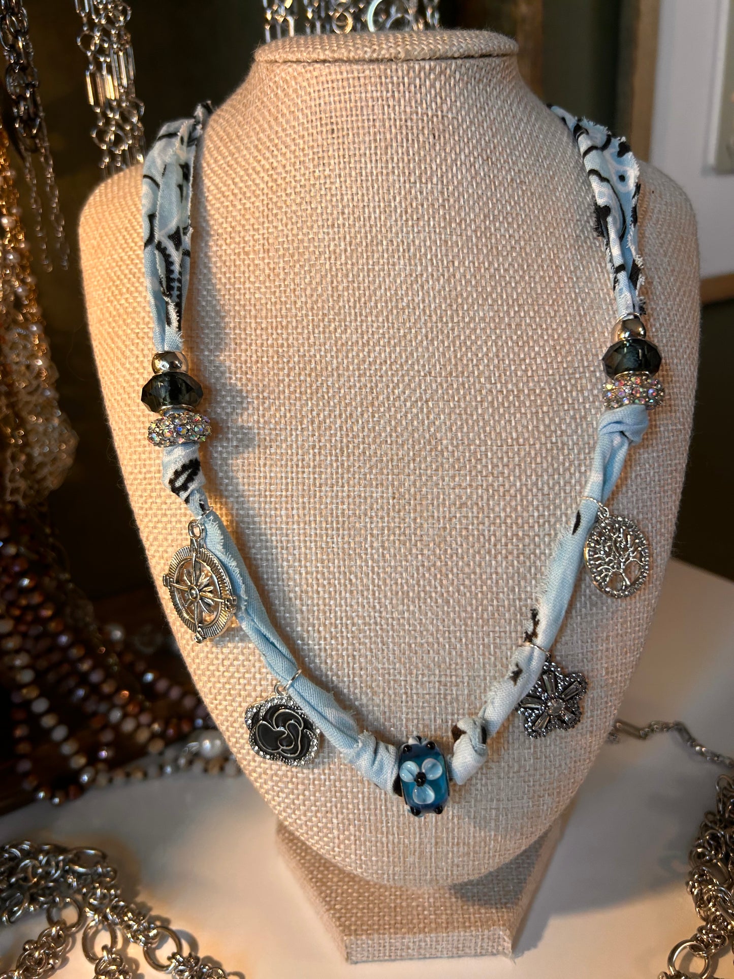 Raw Edge Bandana Ribbon Necklace with 9-10 Beads and/or standard Charms
