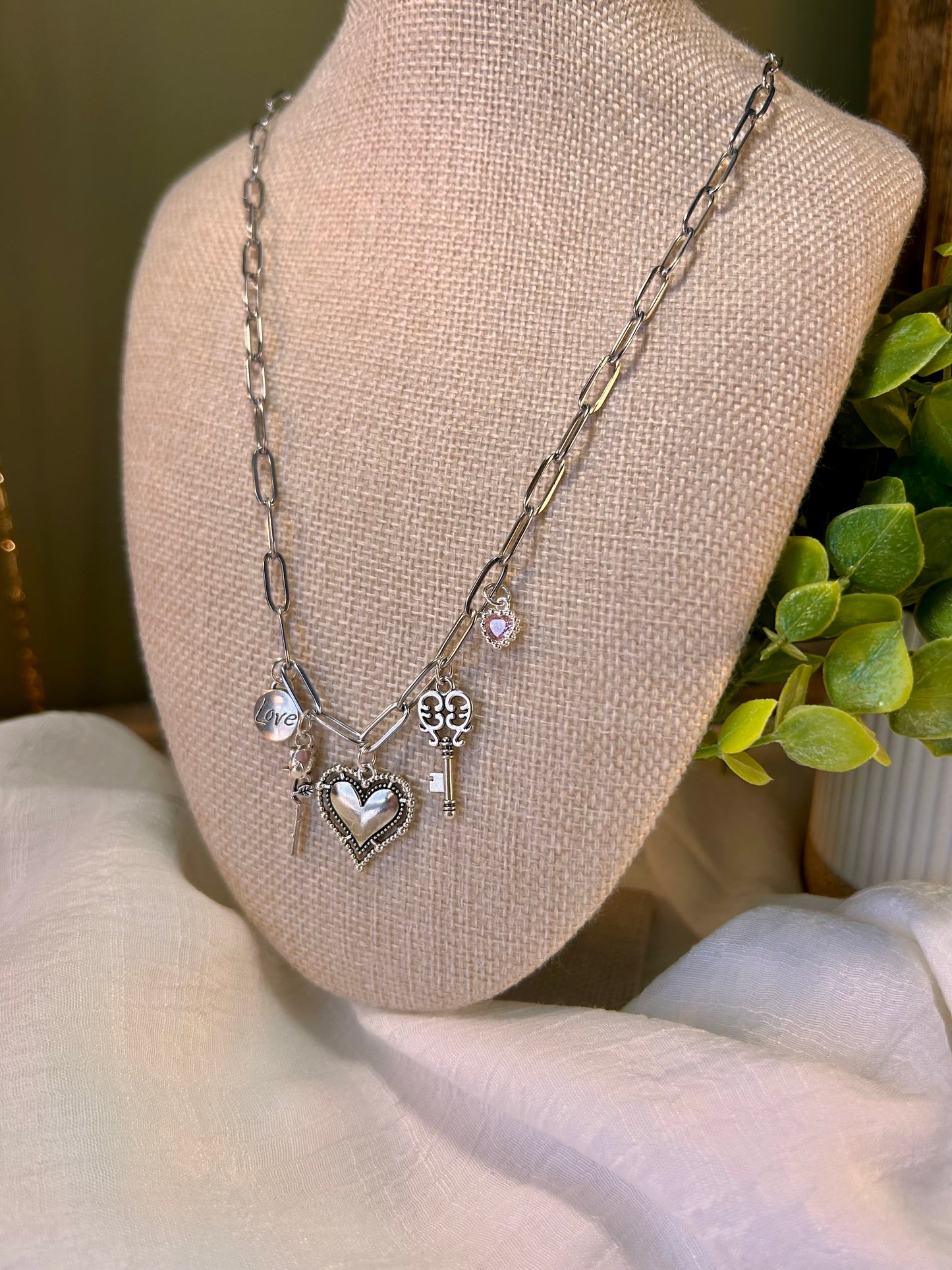 Paperclip Chain Hearts & Love Necklace Stainless Steel with 5 Charms