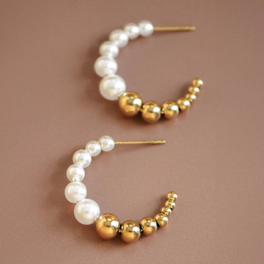 Pearl and Gold Beaded - 18K Gold Plated Stainless Steel Hoop Earrings - 7131