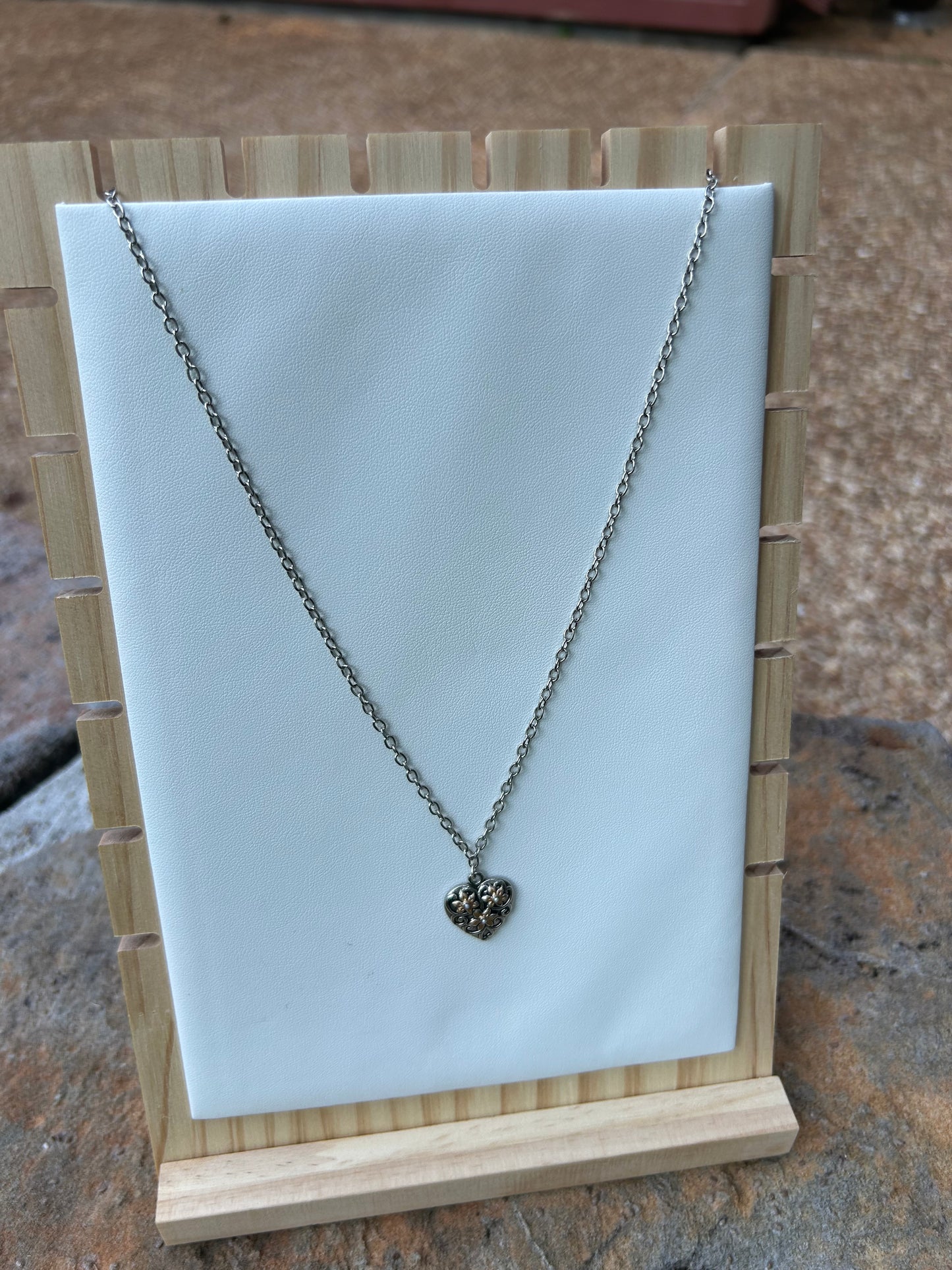 Silver & Gold Floral Heart Charm Necklace- ready to wear