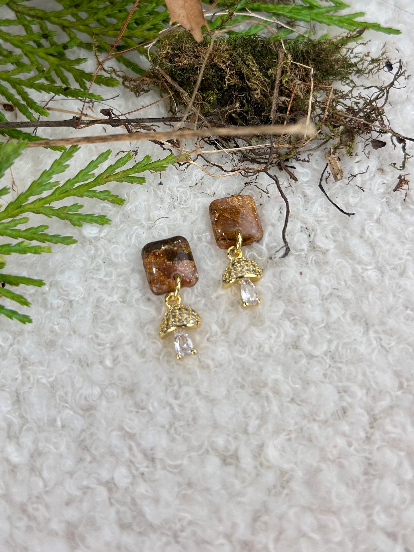 Forest Floor Micro mushroom Dangle Earrings Handmade Brown and Gold