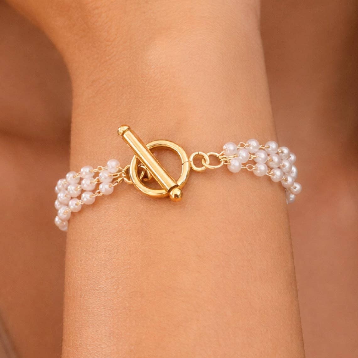 Pearl and 18K Gold Plated Stainless Steel Chain Bracelet - 7561