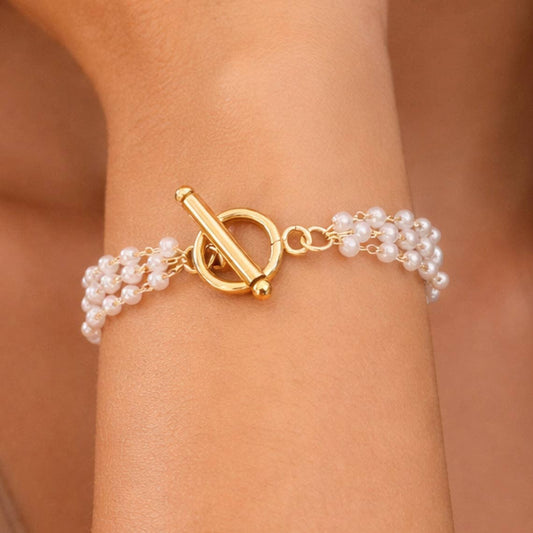 Pearl and 18K Gold Plated Stainless Steel Chain Bracelet - 7561