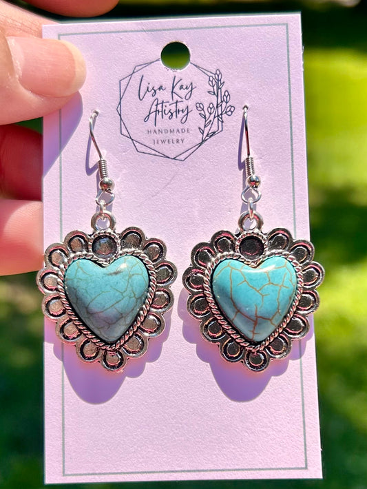 Steel Lace Hearts in Faux Turquoise and Steel Charms & Earrings