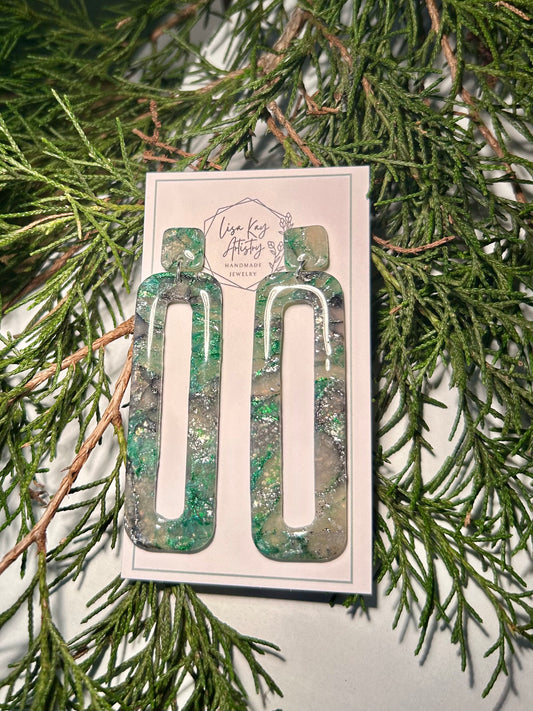 Green Cedar Frost Statement Rectangle Dangle Earrings