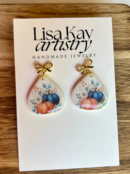 Pumpkin Teardrops and Bows Dangle Earrings