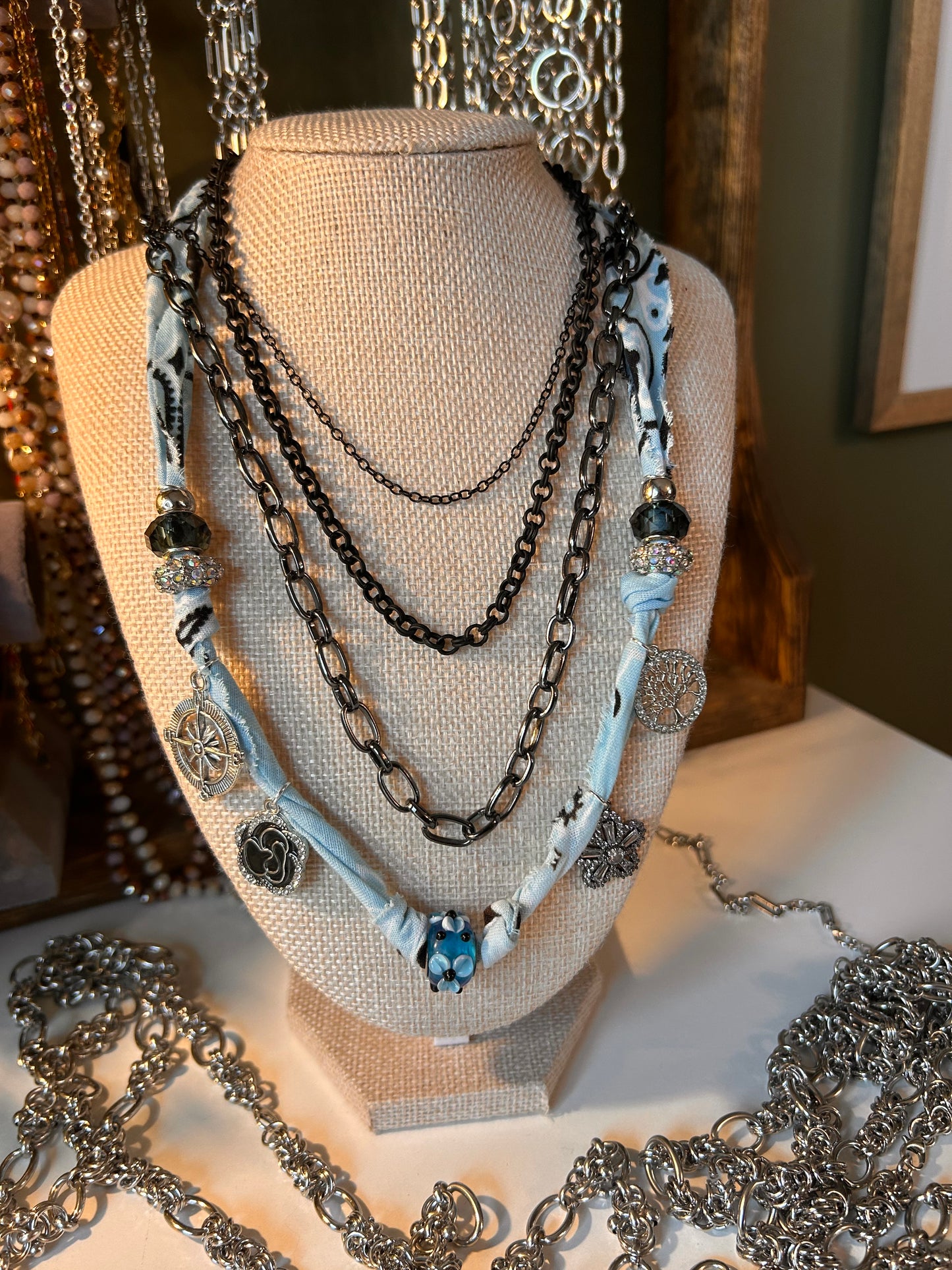 Raw Edge Bandana Ribbon Necklace with 9-10 Beads and/or standard Charms