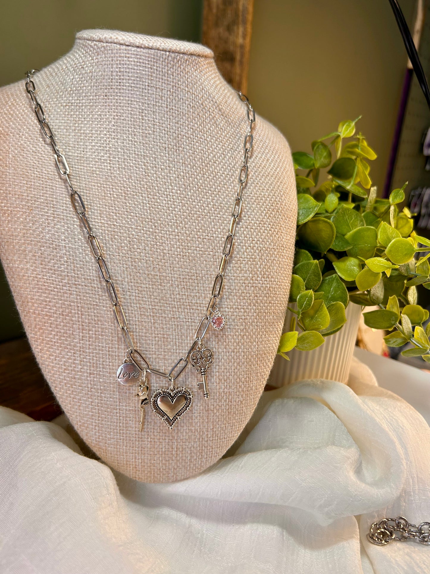 Paperclip Chain Hearts & Love Necklace Stainless Steel with 5 Charms