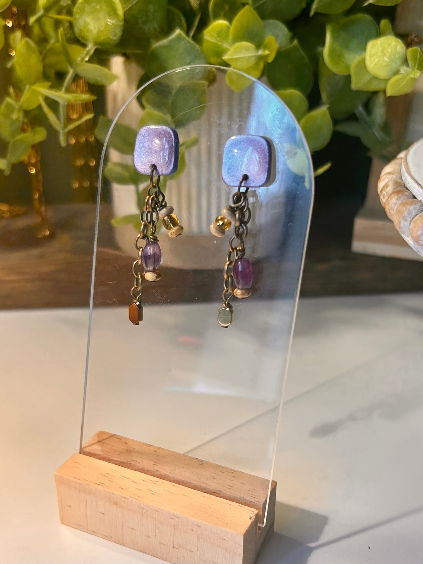 Rounded Square Deep Amethyst Purple Beaded Dangle Earrings