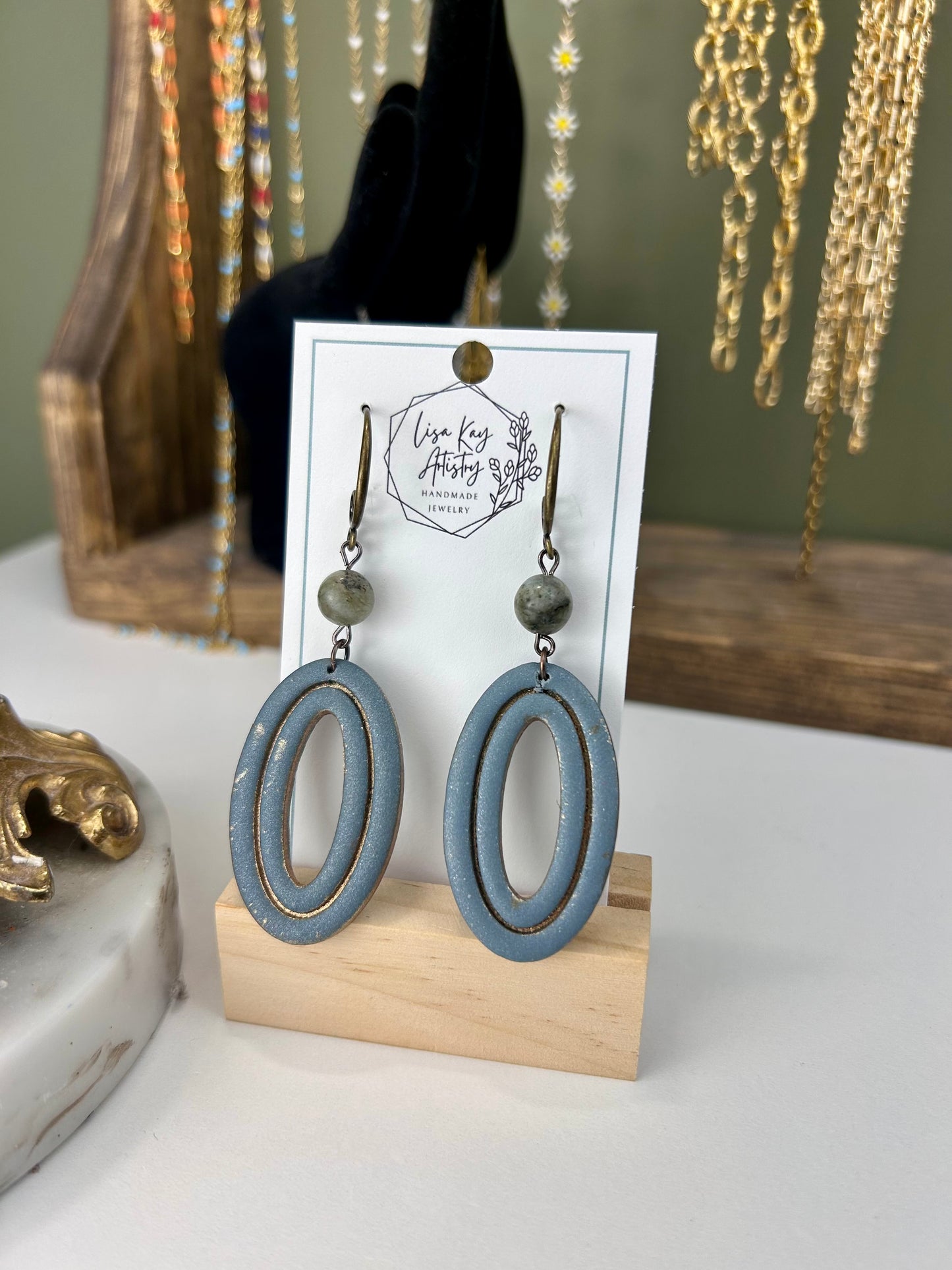Slate Grey Embossed Oval Earrings with Amazonite Beads – Handmade Polymer Clay Jewelry
