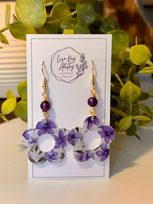 Violet Graphic Print Open Flower Dangle with Wrapped Bead
