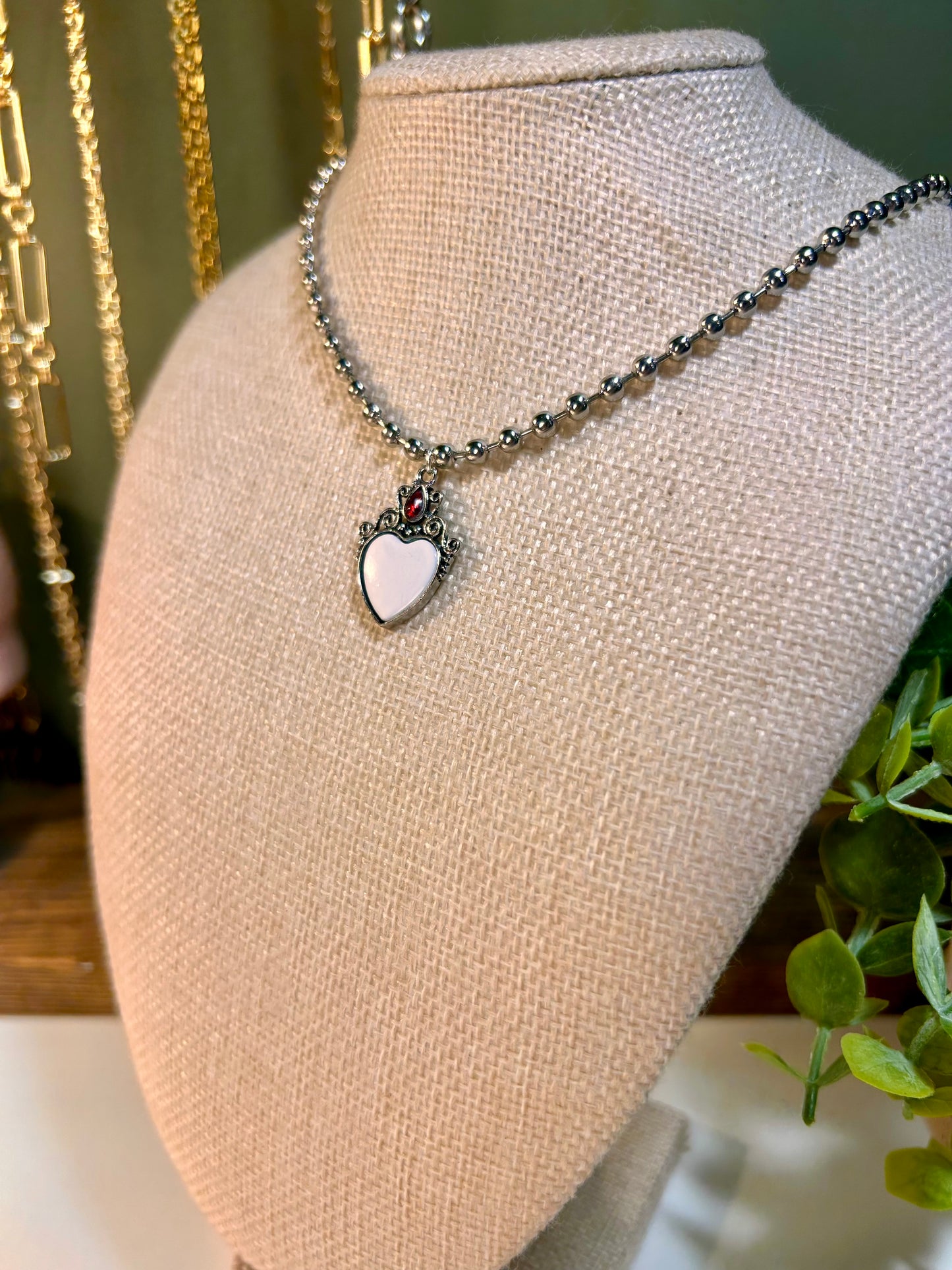 Single Heart Pendant Charm Necklace on stainless steel ball link chain
