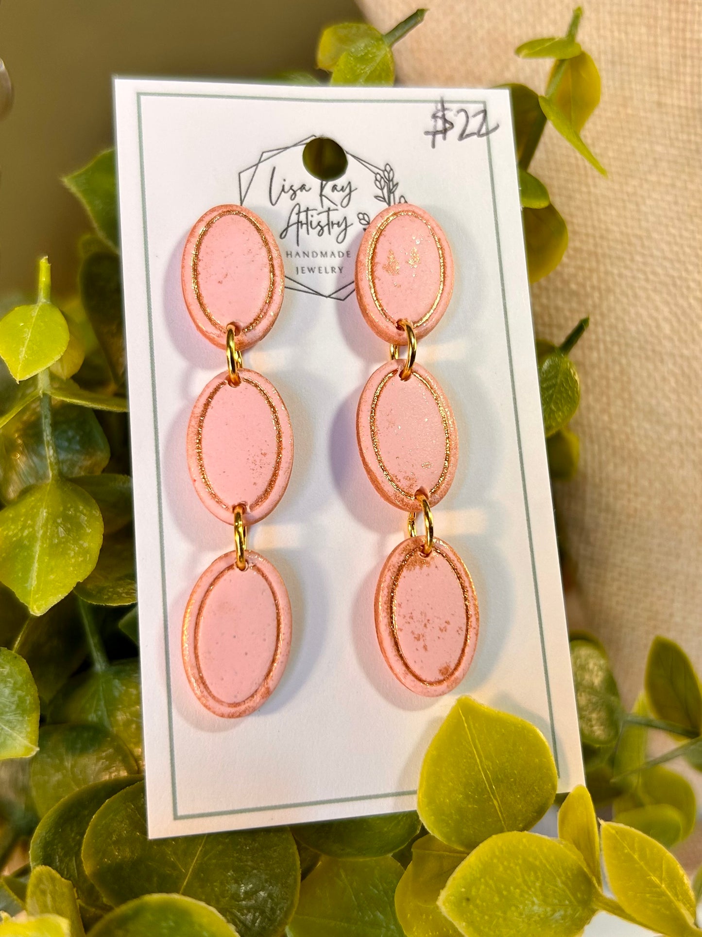 Pink Triple Oval Dangle Earrings | Blush Pink Stud Drop Earrings
