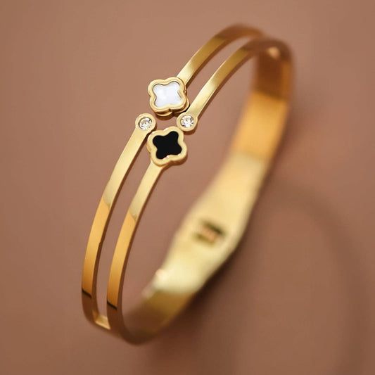 Inlay Mother of Pearl and Onyx Spring Hinge 18K Gold PVD Plated Stainless Steel Bangle - 7733