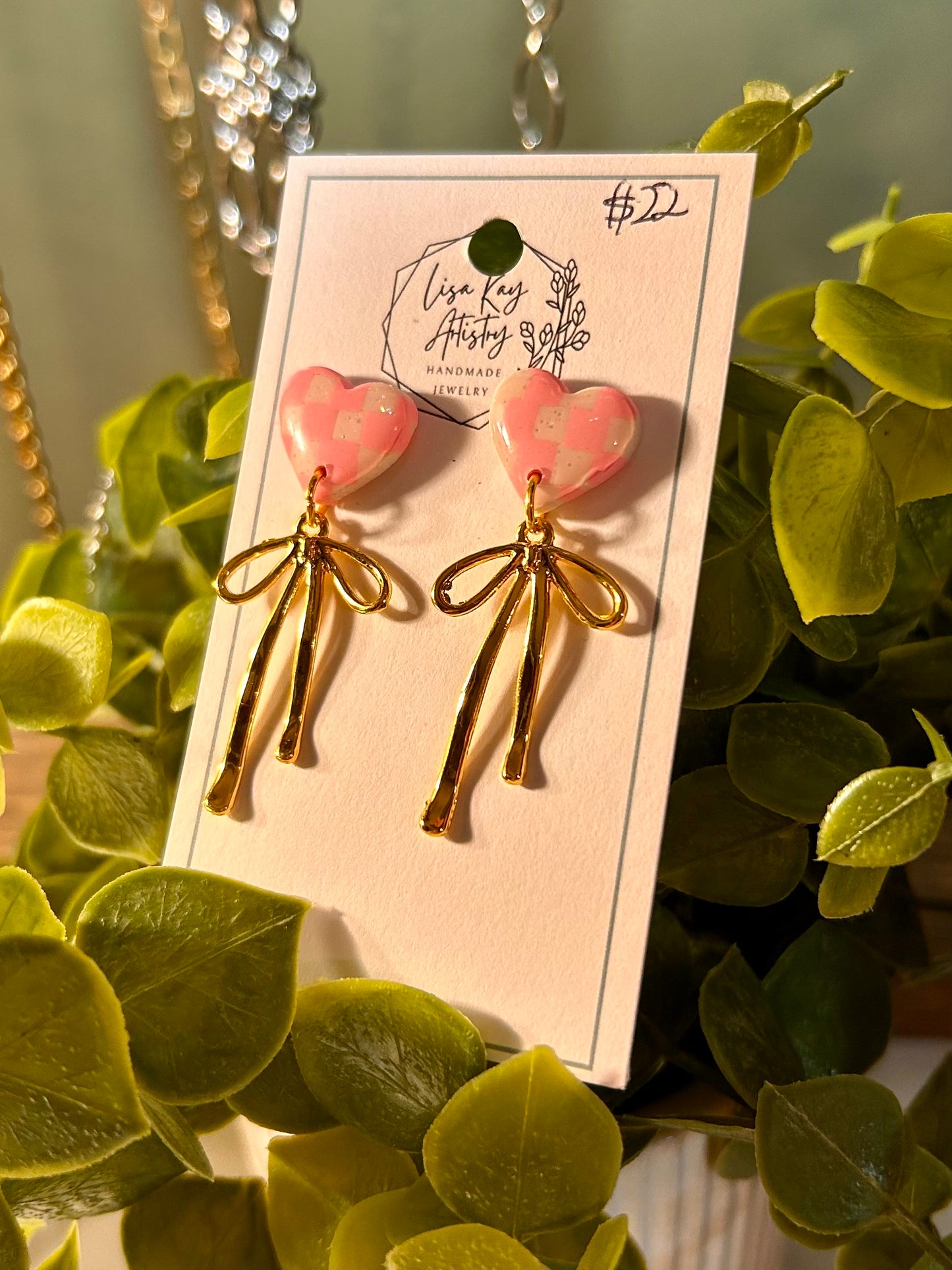 Pink and White Checkered Heart with gold Bow Dangle Earrings