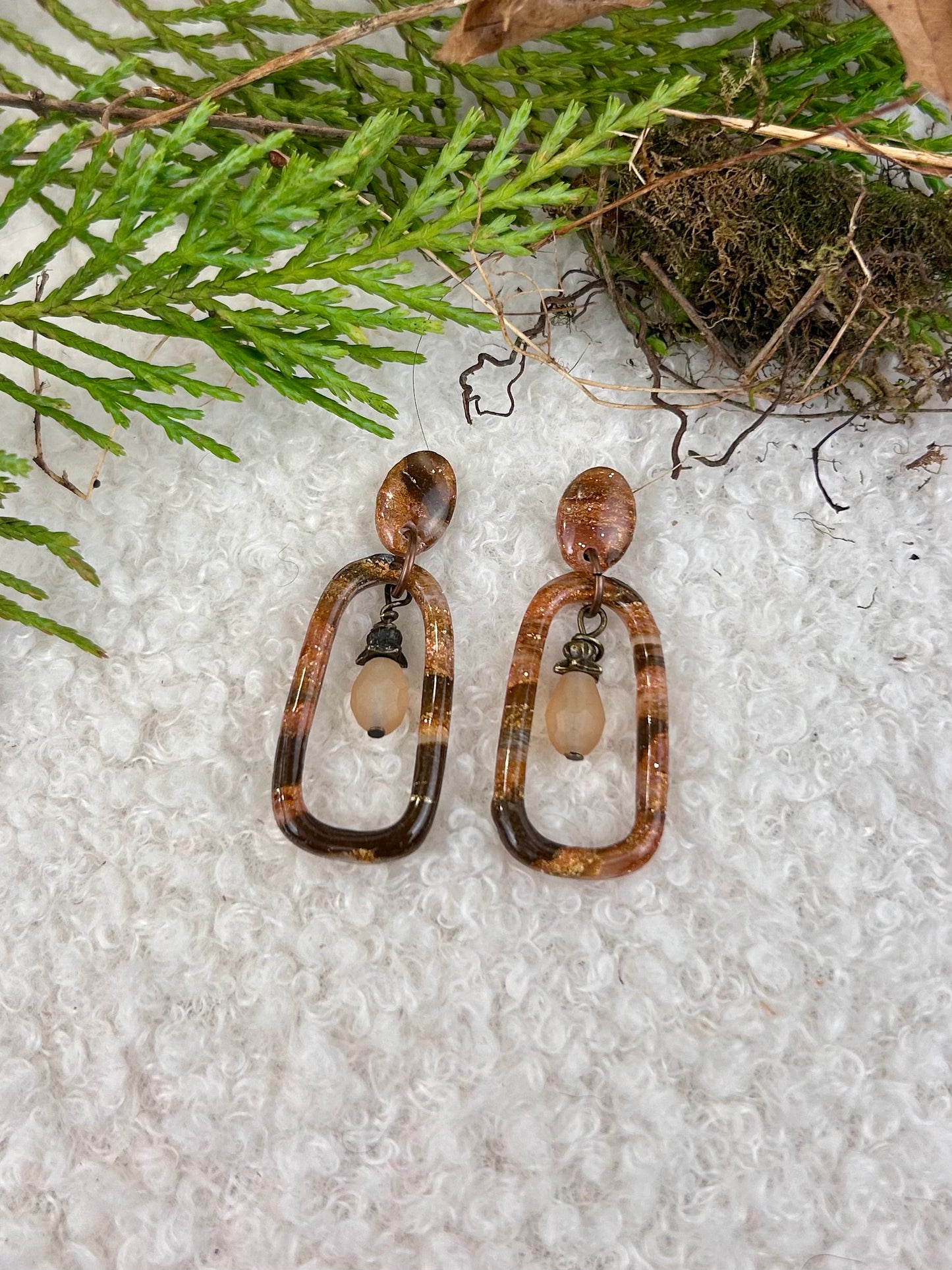 Forest Floor Quartz Dangle Earrings Handmade Brown and Gold