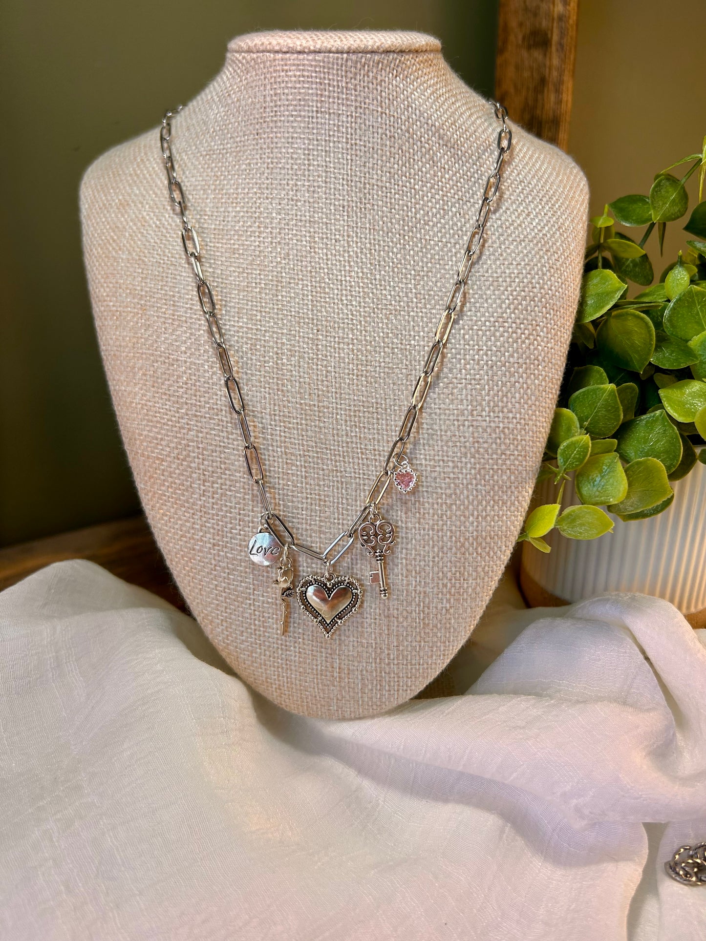 Paperclip Chain Hearts & Love Necklace Stainless Steel with 5 Charms