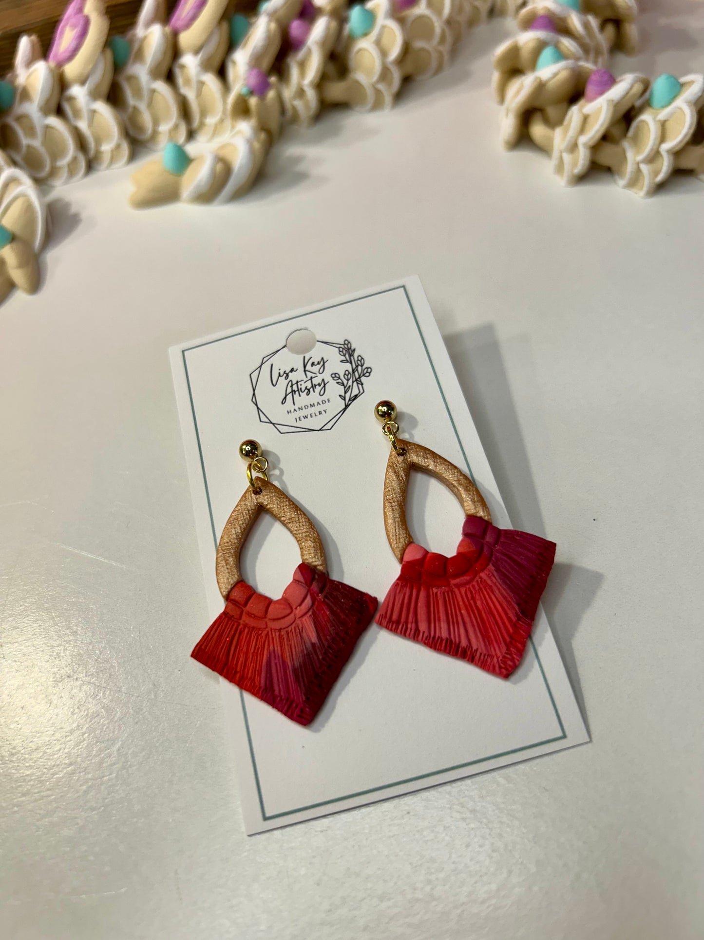 Boho Fringe Handmade Polymer Clay Red Dangle Earrings