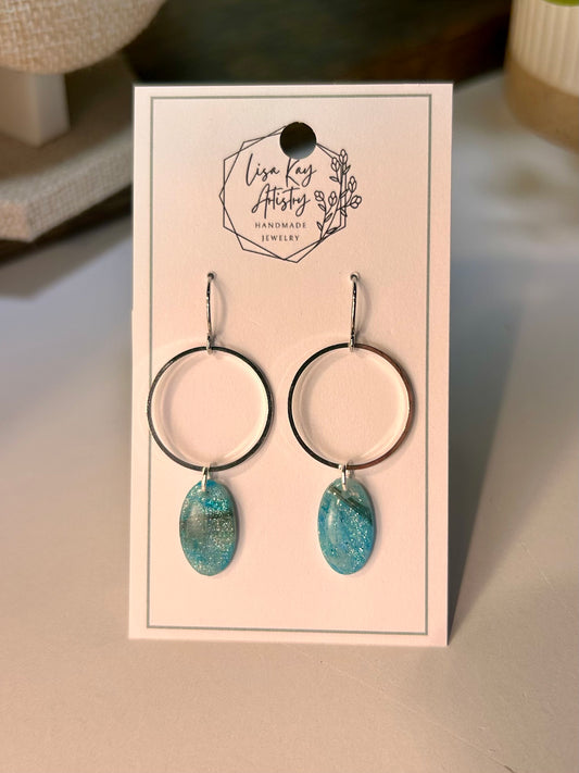 Northern Lights Ovals and Silver Rings in Teal Blue Aqua Black