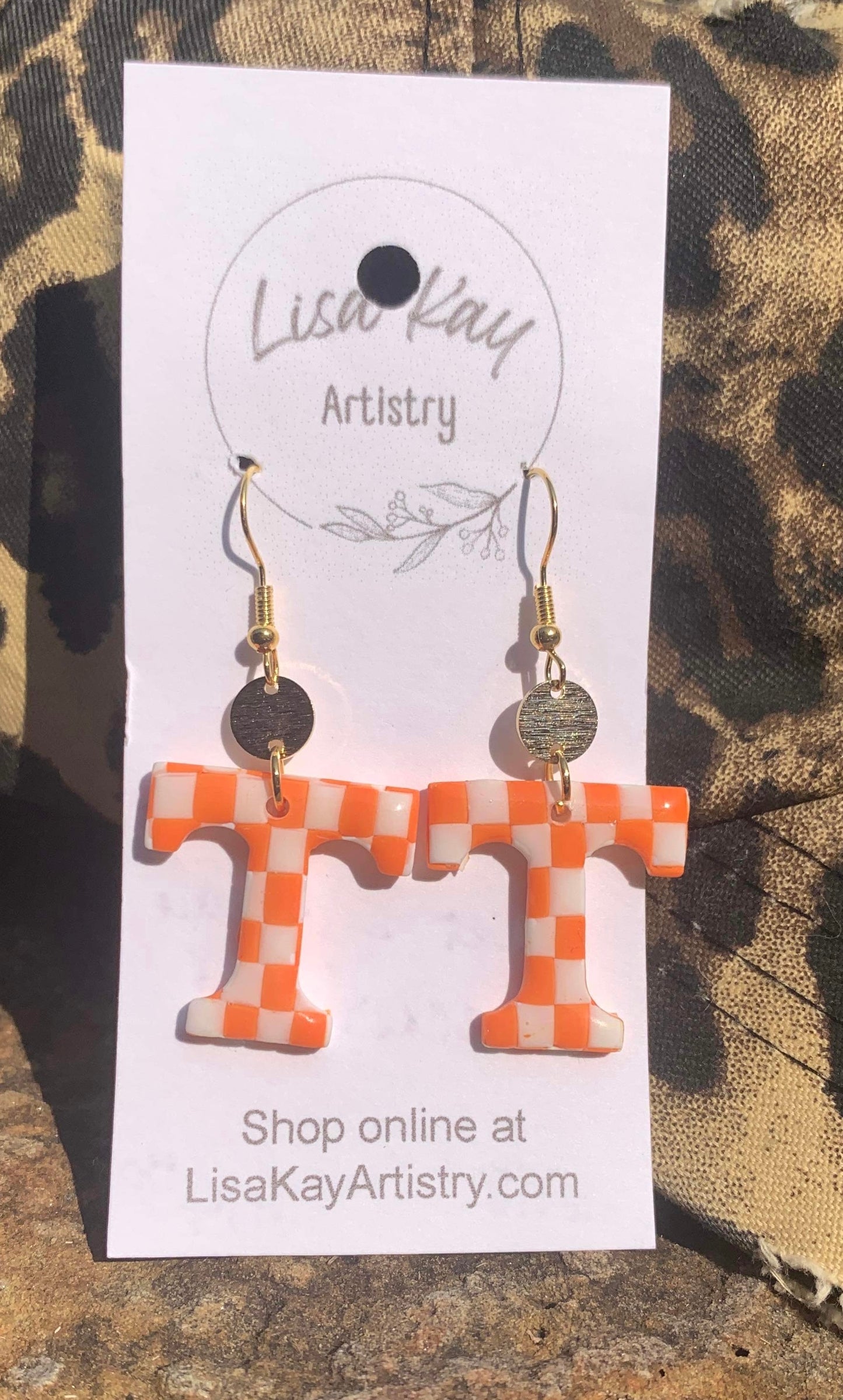 Tennessee Checkerboard T - 1 inch dangle with disk charm on hoops, hooks or ball studs