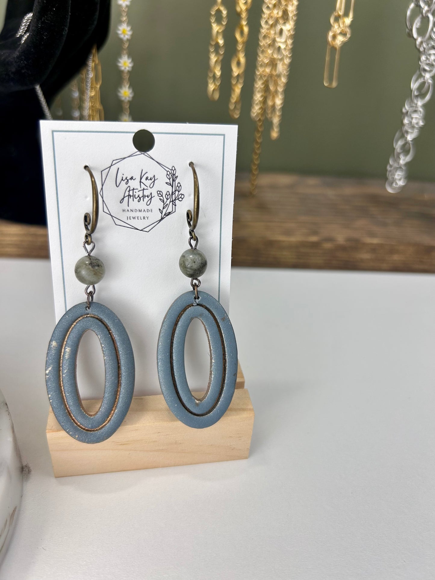 Slate Grey Embossed Oval Earrings with Amazonite Beads – Handmade Polymer Clay Jewelry