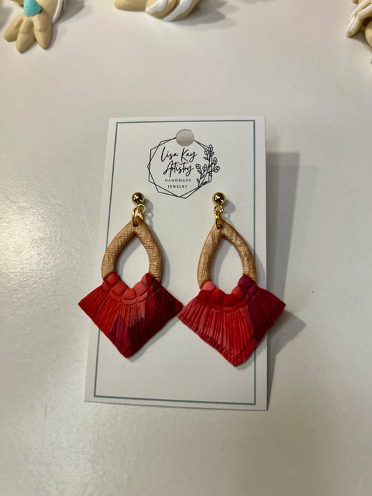 Boho Fringe Handmade Polymer Clay Red Dangle Earrings