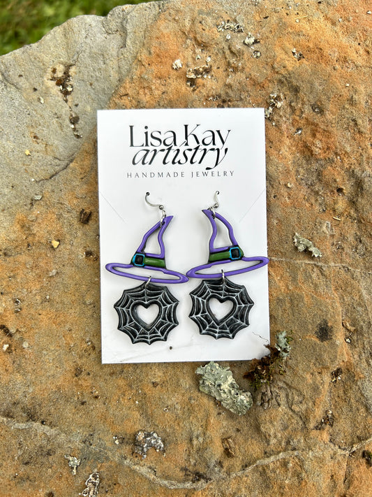 Spooky Witch Hat & Spiderweb Polymer Clay Earrings