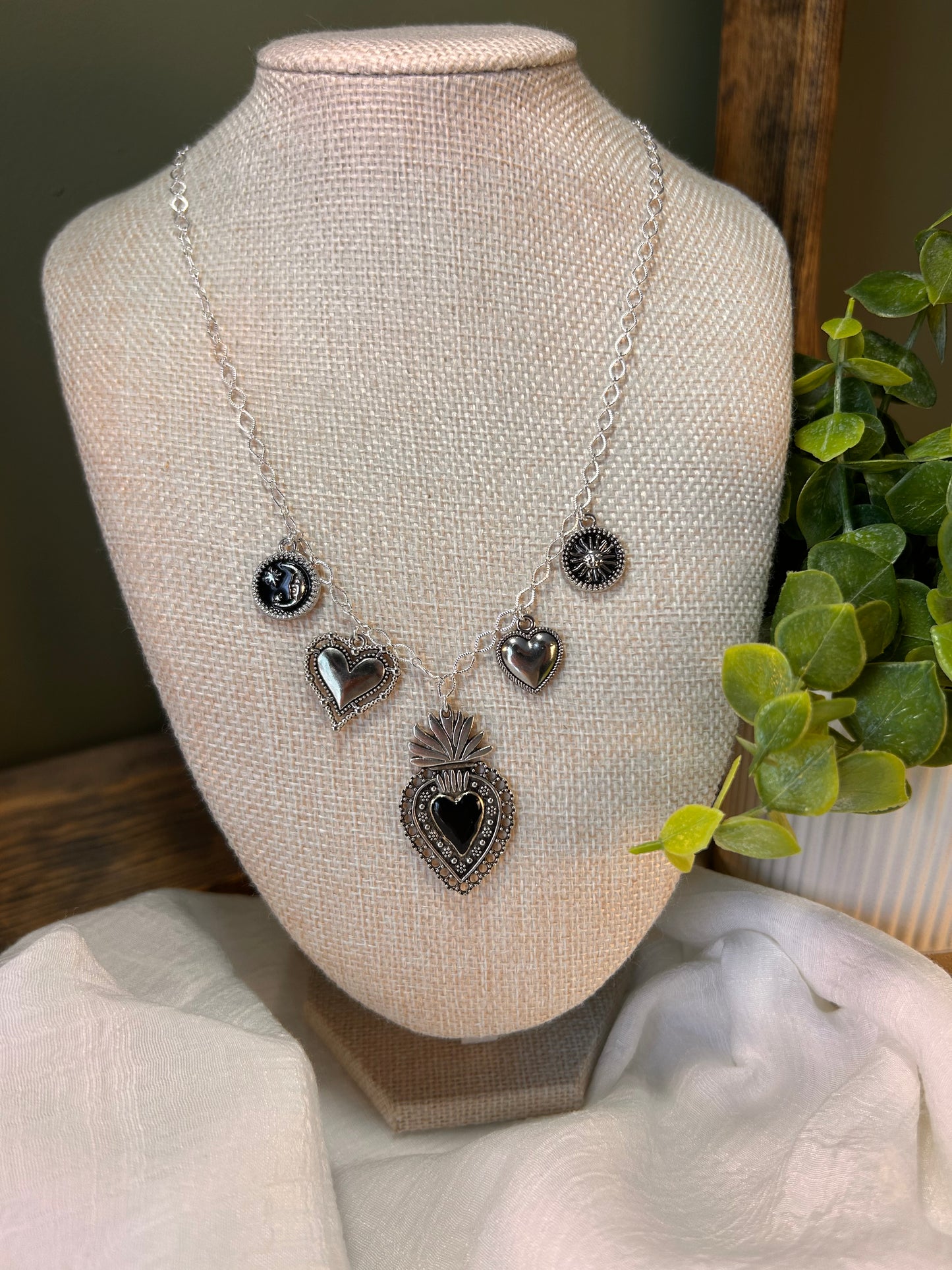 Celestial Hearts Charm Necklace Stainless Steel Silver color.