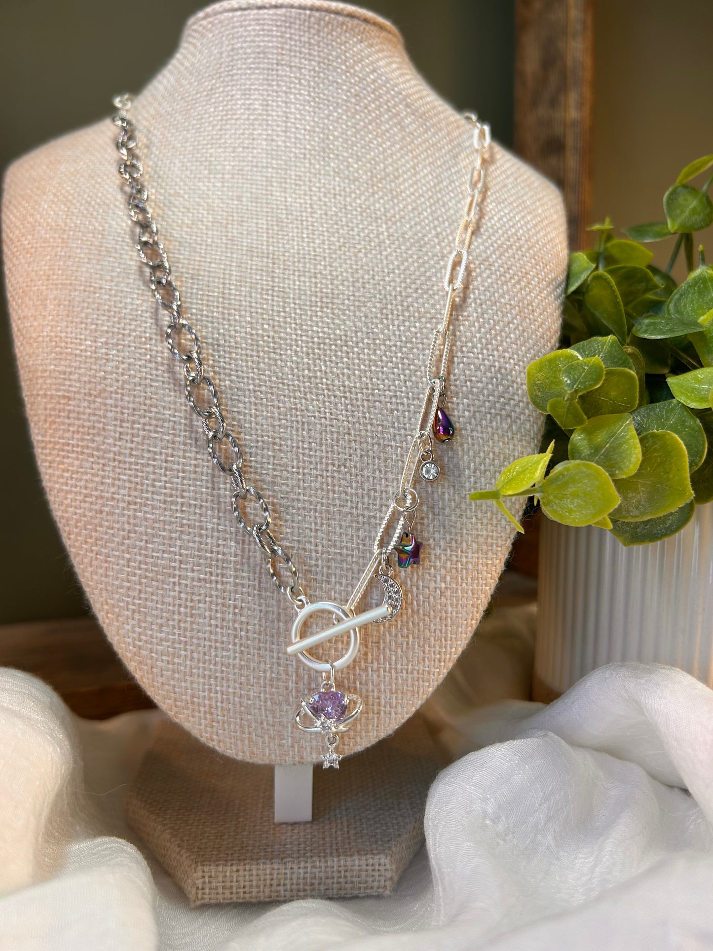 Necklace Mixed Chain Stainless Steel with Toggle Clasp 5 Charms