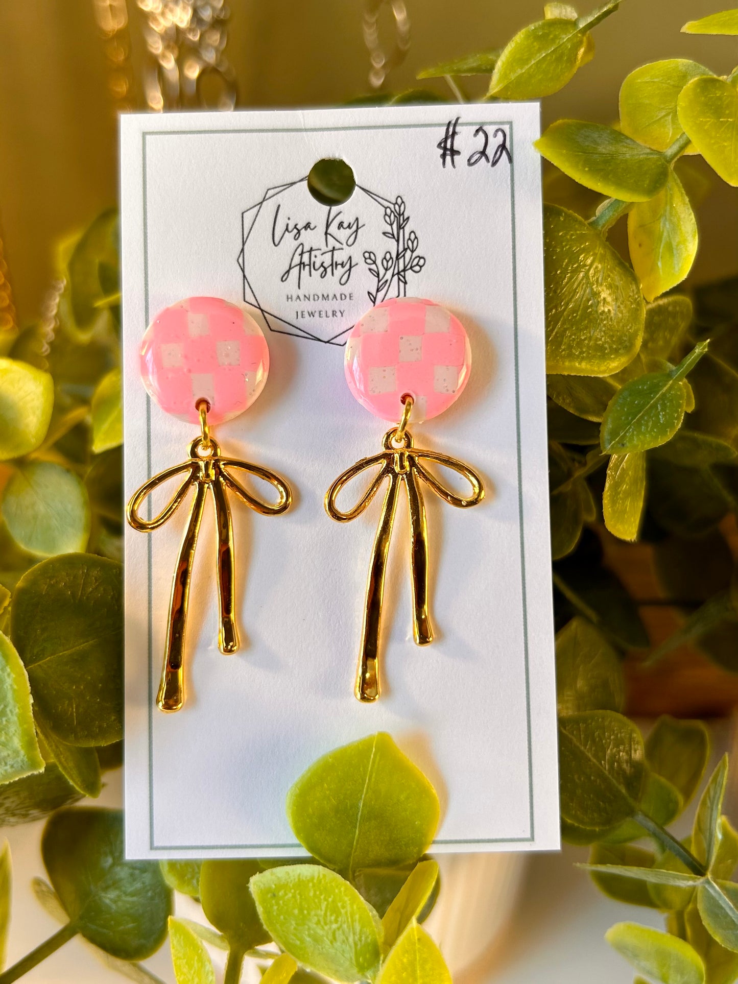 Pink and White Checkered Round with gold Bow Dangle Earrings