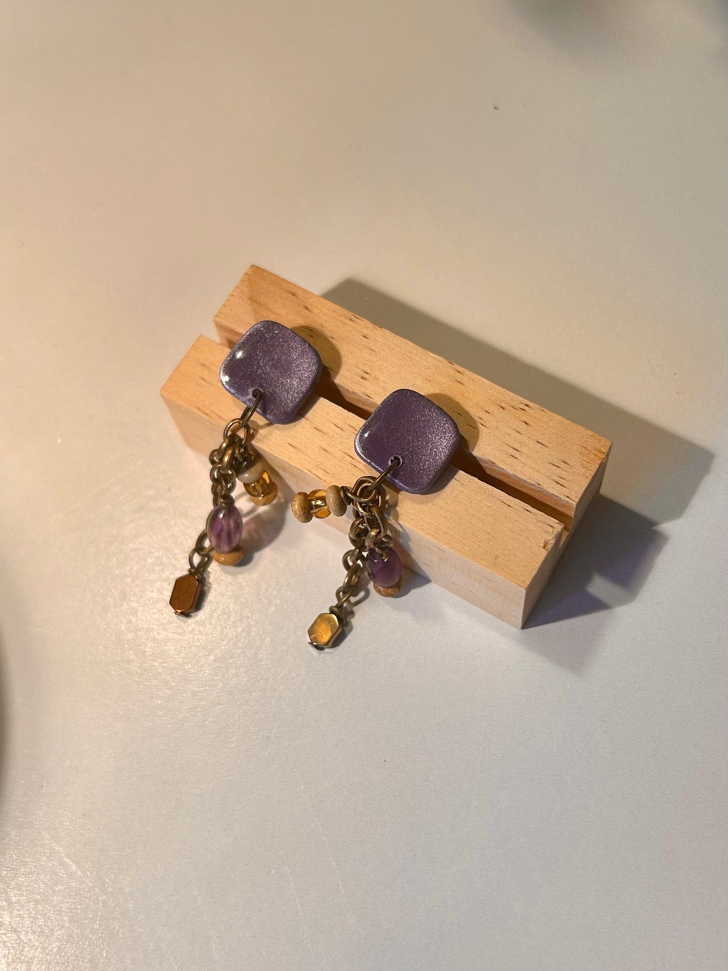 Rounded Square Deep Amethyst Purple Beaded Dangle Earrings
