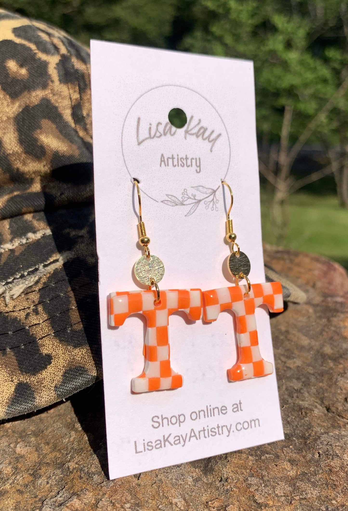 Tennessee Checkerboard T - 1 inch dangle with disk charm on hoops, hooks or ball studs