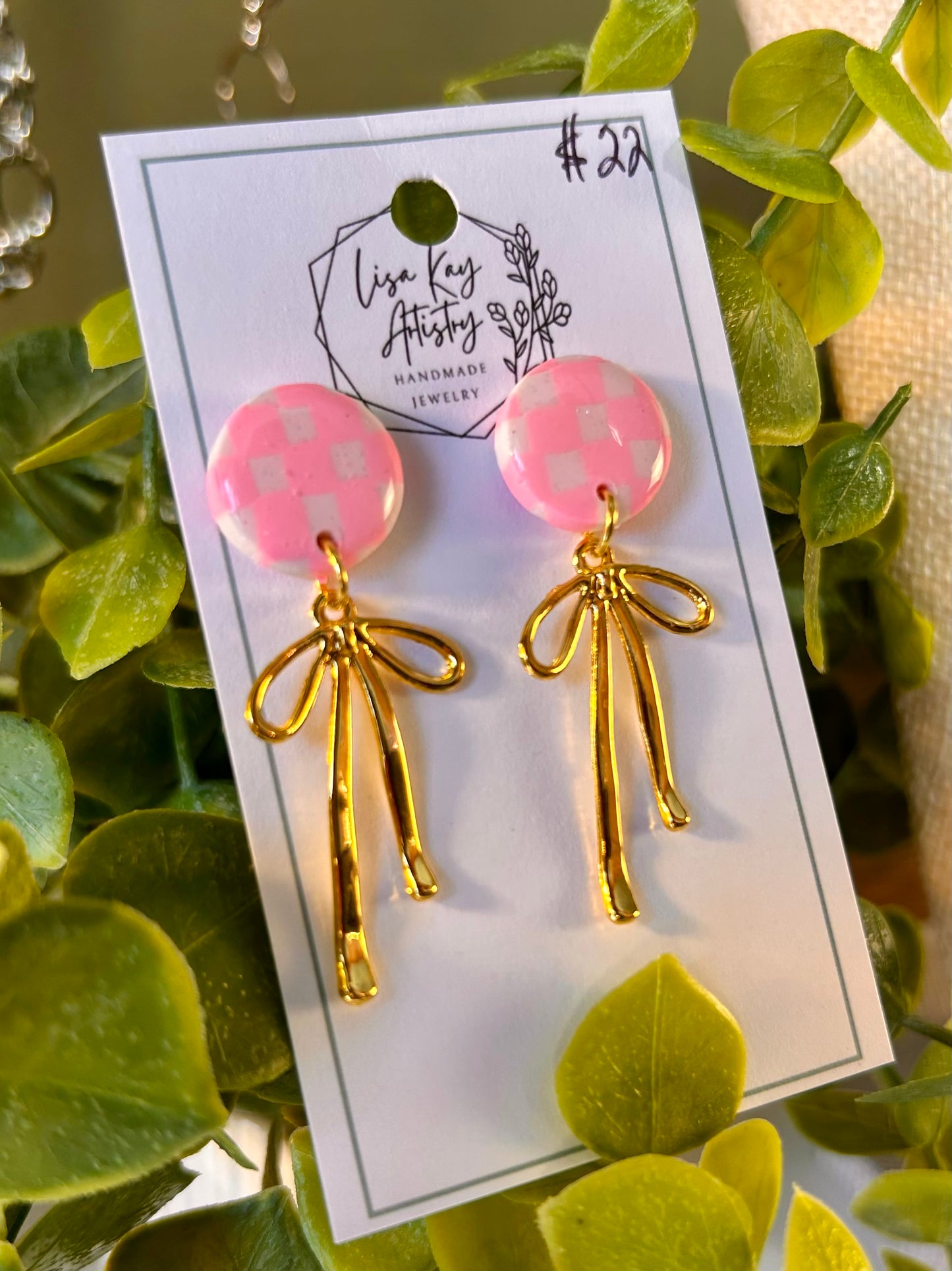 Pink and White Checkered Round with gold Bow Dangle Earrings