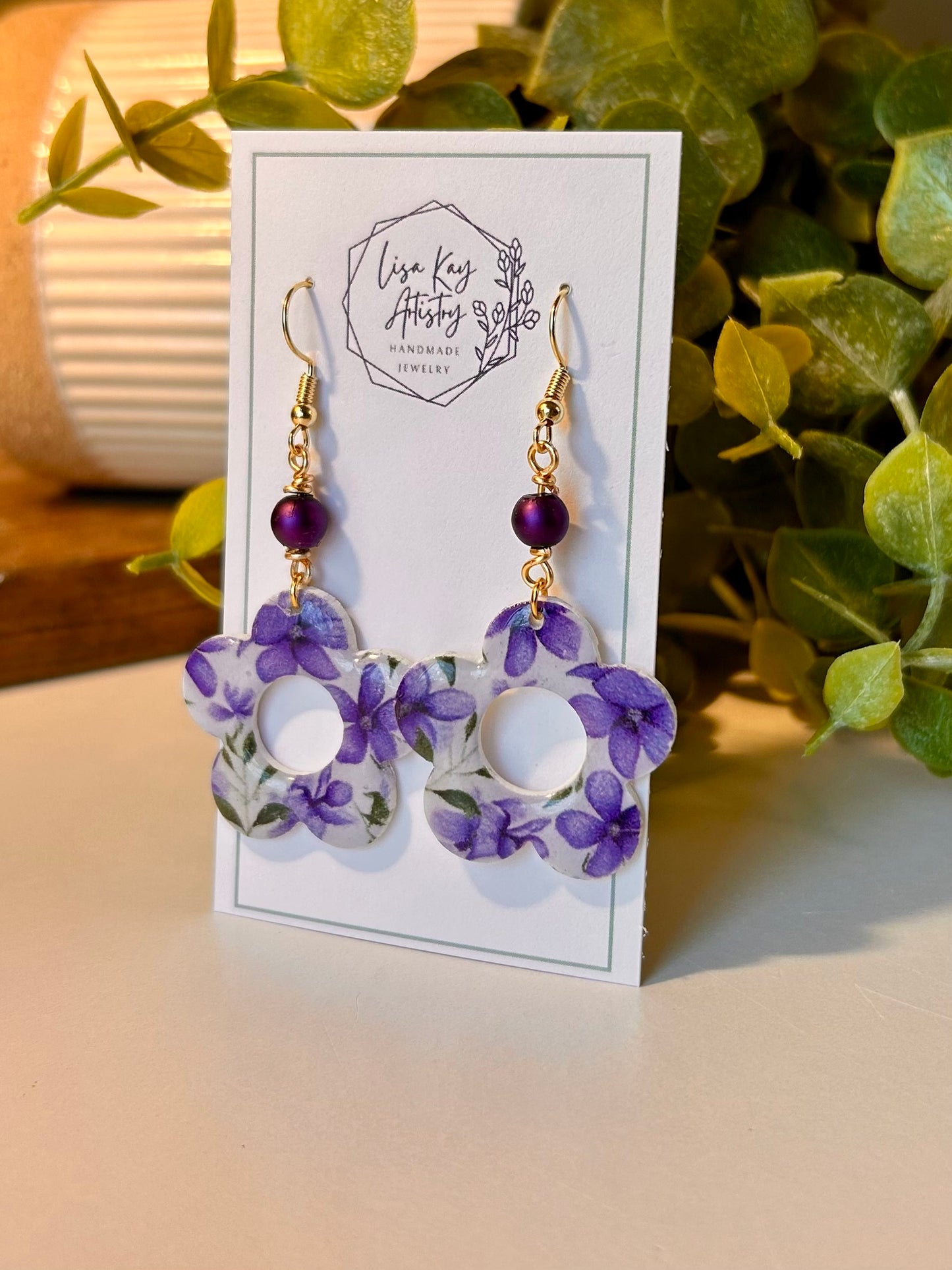Violet Graphic Print Open Flower Dangle with Wrapped Bead