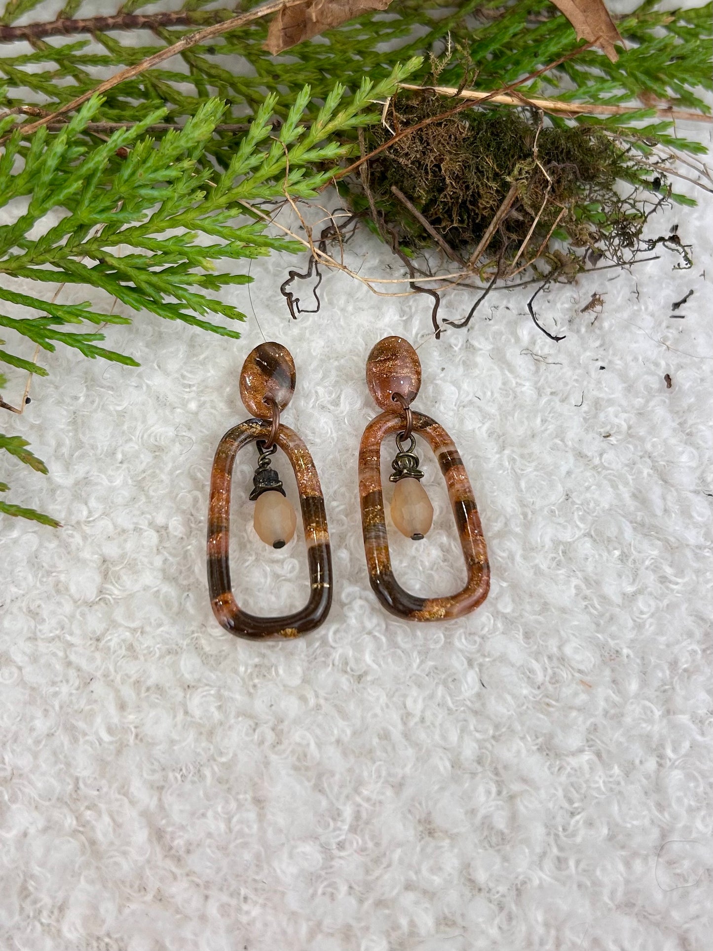 Forest Floor Quartz Dangle Earrings Handmade Brown and Gold