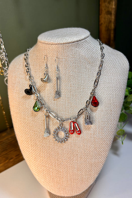 Wizard of Oz Charm Inspired Necklace, Earrings and Bracelet – Witch Hat, Broom, Ruby Slippers & More