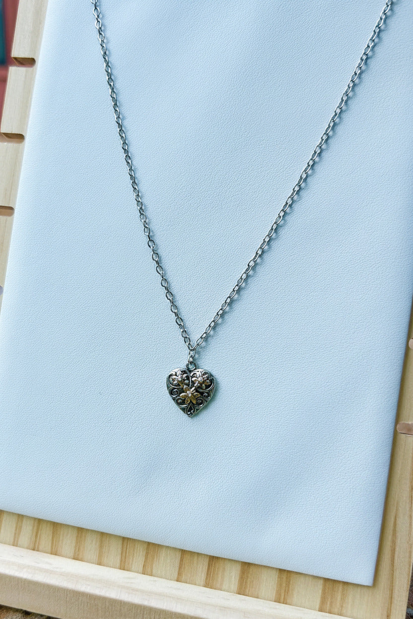 Silver & Gold Floral Heart Charm Necklace- ready to wear
