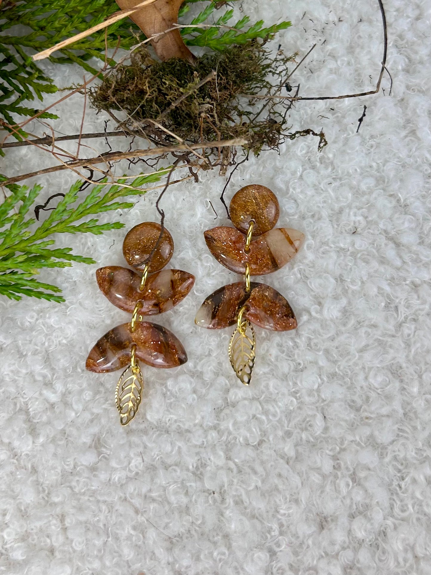 Forest Floor Leaf Stack 1 Dangles Handmade Brown and Gold Earrings