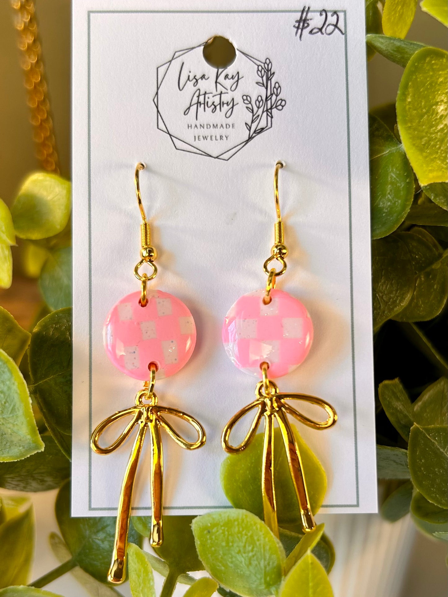 Pink and White Checkered Round with gold Bow Dangle Earrings