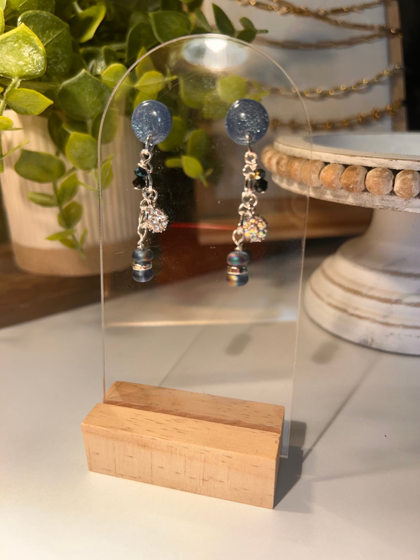 Round Steel Blue Beaded Dangle Earrings