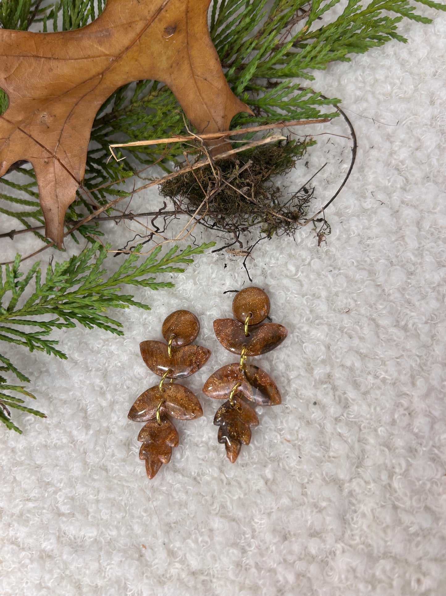Forest Floor Leaf Stack 2 Gold Dangles handmade Brown and Gold Earrings