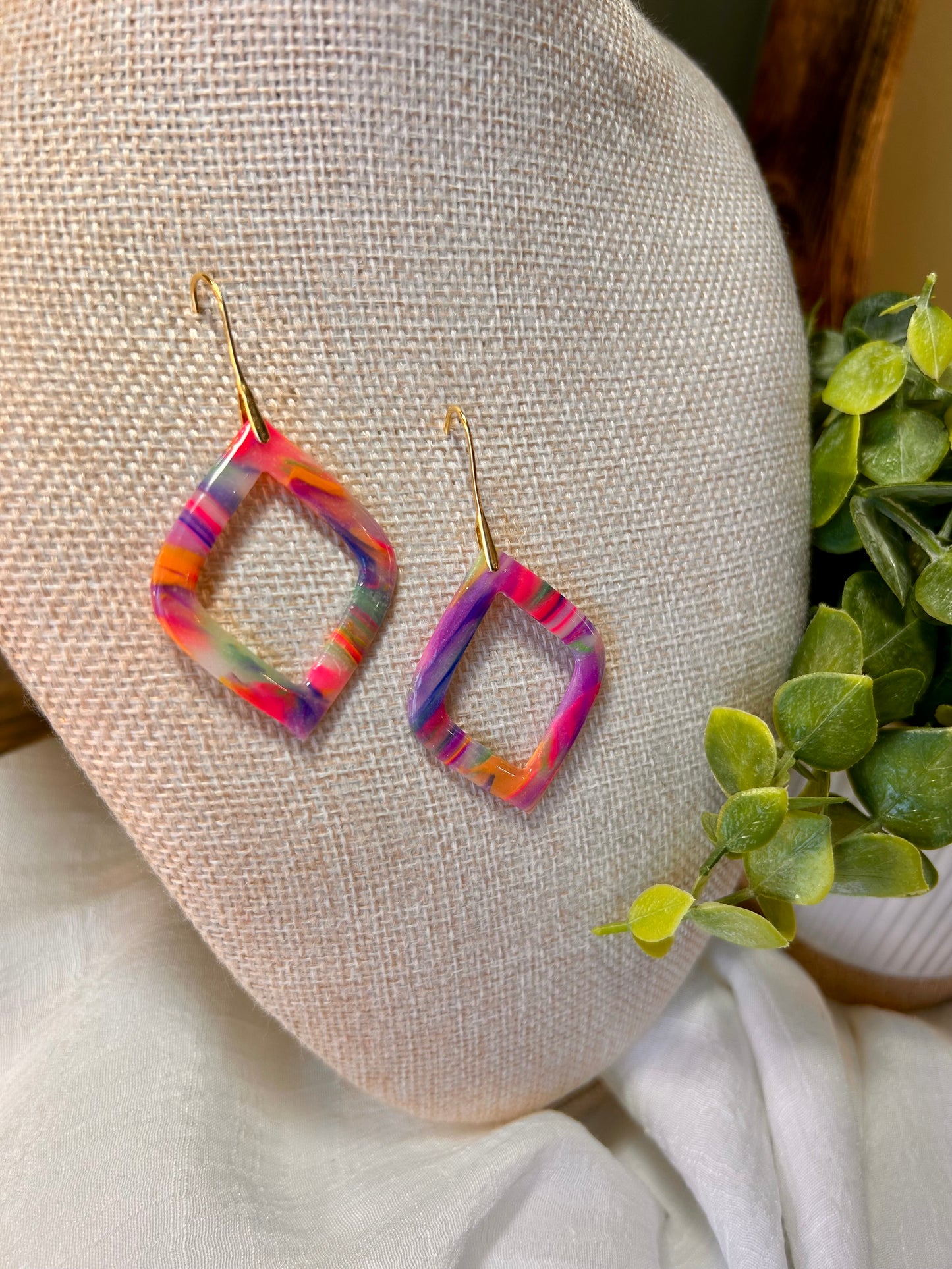 Rainbow Open Diamond Statement Dangle Earrings One of a Kind