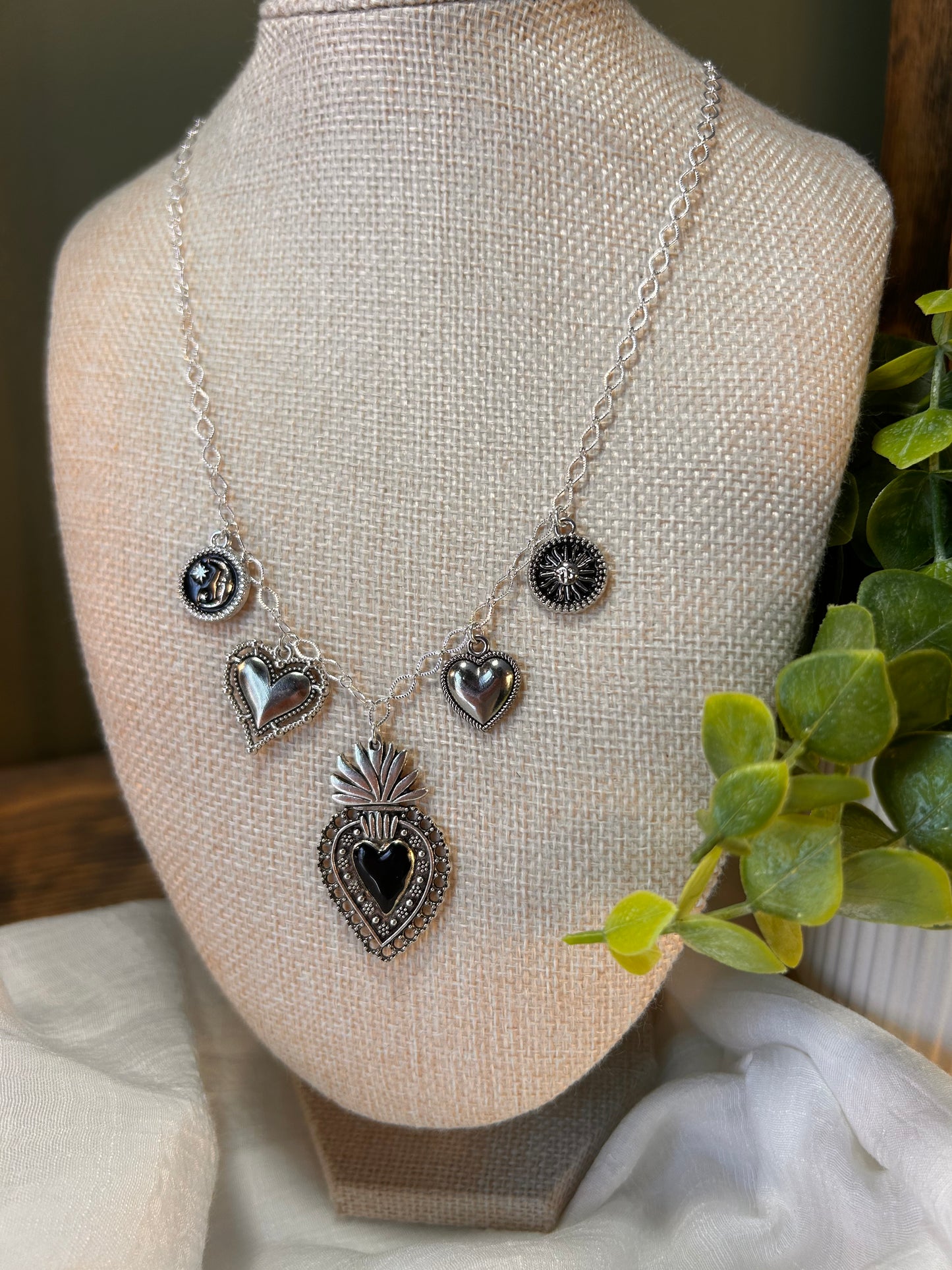 Celestial Hearts Charm Necklace Stainless Steel Silver color.