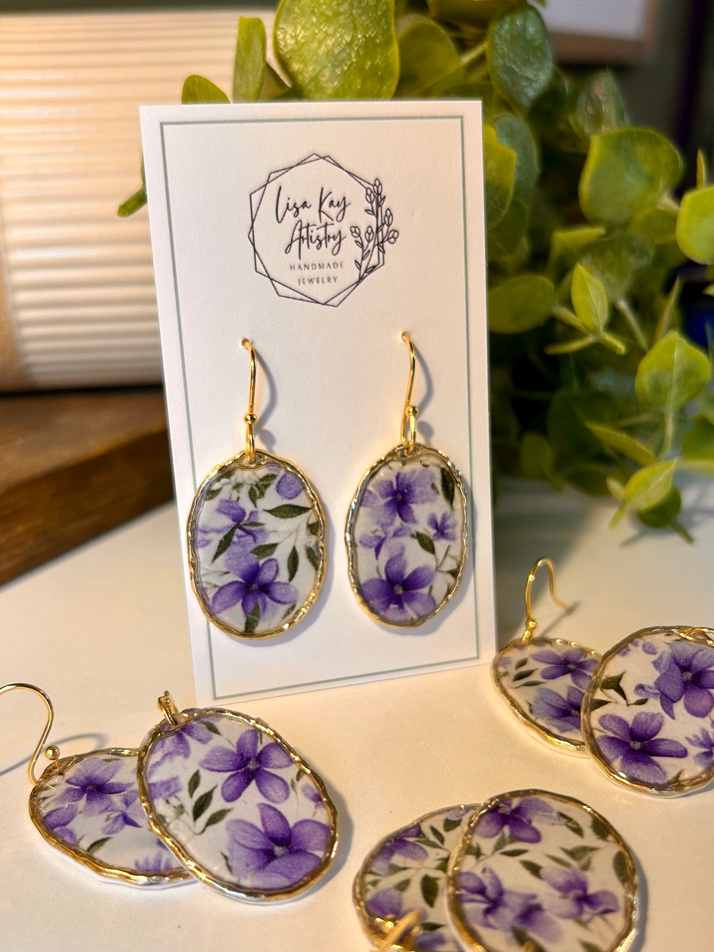 Violet Print Framed Oval Dangle