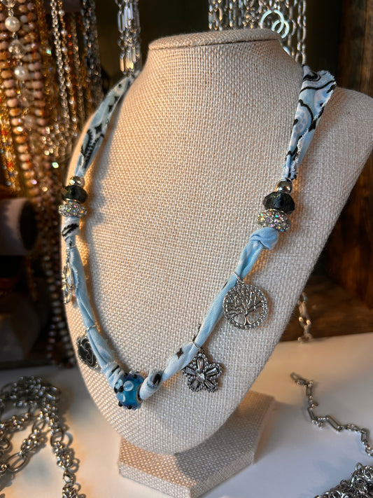Raw Edge Bandana Ribbon Necklace with Beads and Charms