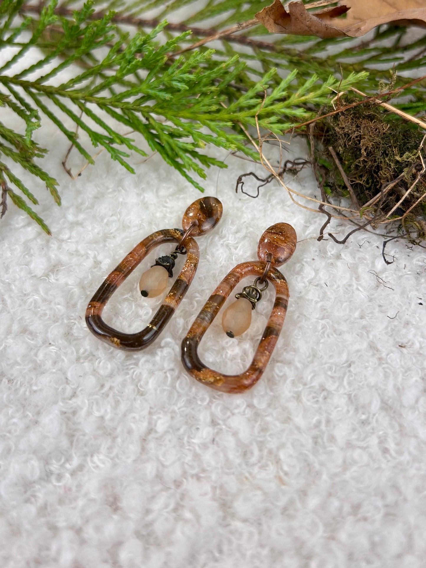Forest Floor Quartz Dangle Earrings Handmade Brown and Gold