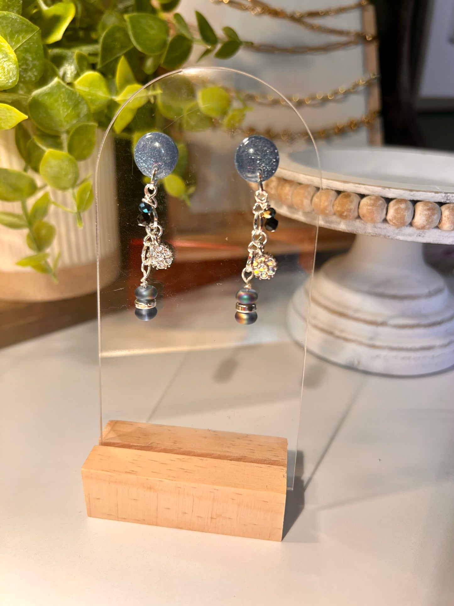 Round Steel Blue Beaded Dangle Earrings